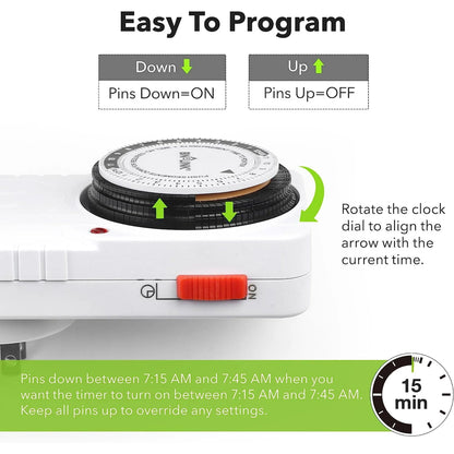 BN-LINK 24 Hour Plug-In Mechanical Timer Outlet, 3 Prong Light Timer, for Grounded Aquarium, Grow Light, Hydroponics, Pets, UL Listed
