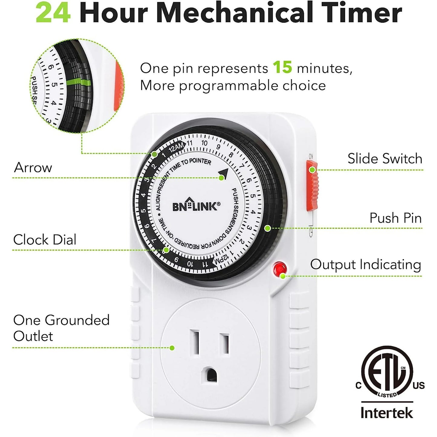BN-LINK 24 Hour Plug-In Mechanical Timer Outlet, 3 Prong Light Timer, for Grounded Aquarium, Grow Light, Hydroponics, Pets, UL Listed