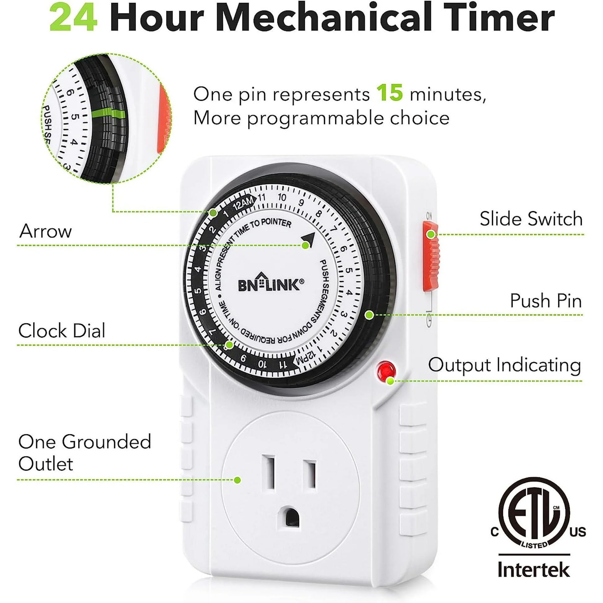 BN-LINK 24 Hour Plug-In Mechanical Timer Outlet, 3 Prong Light Timer, for Grounded Aquarium, Grow Light, Hydroponics, Pets, UL Listed