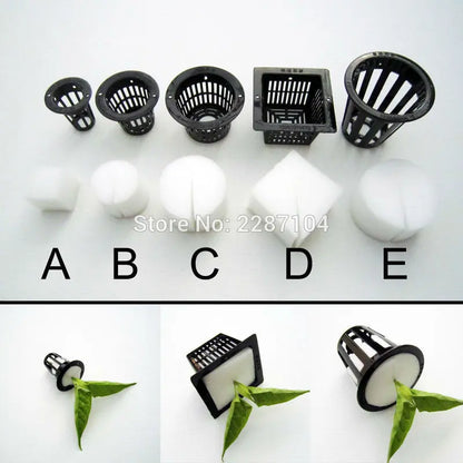 10Pcs Black Mesh Pot Net Cup Basket + Clone Cloning Collar Foam Insert Hydroponic Vegetable Plant Grow Seed Germinate 5 Size